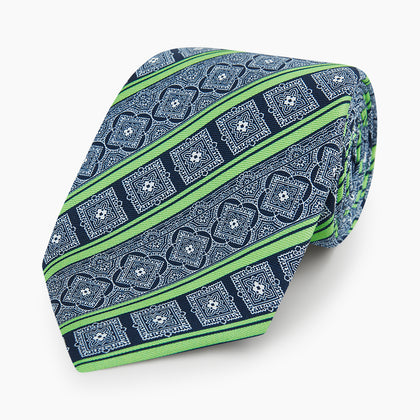 Navy and Green Medallion Bar Printed Silk Tie Image 4