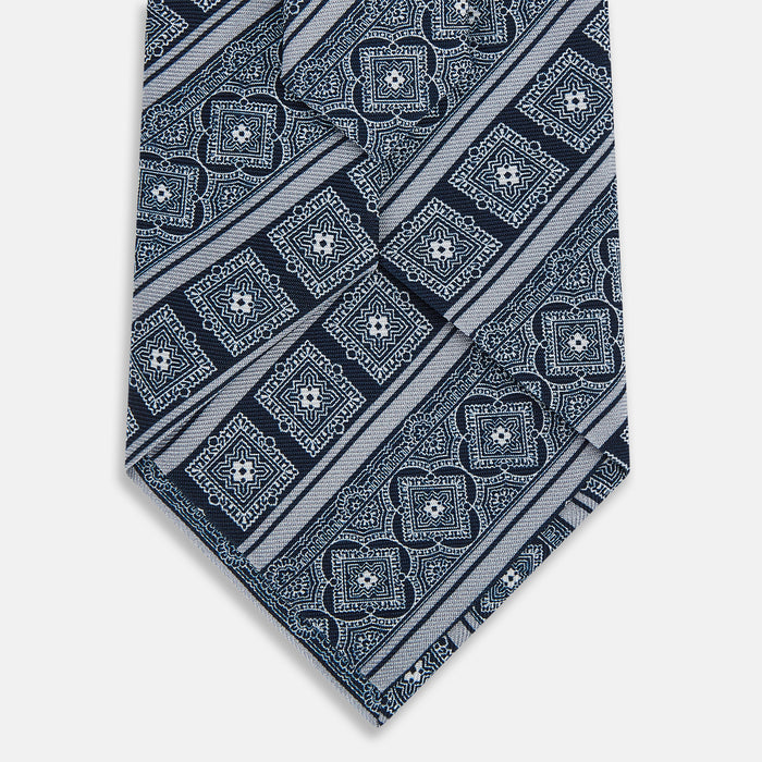 Navy and Grey Medallion Bar Printed Silk Tie Image 2