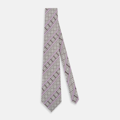 Ash and Lilac Medallion Bar Printed Silk Tie Image 1