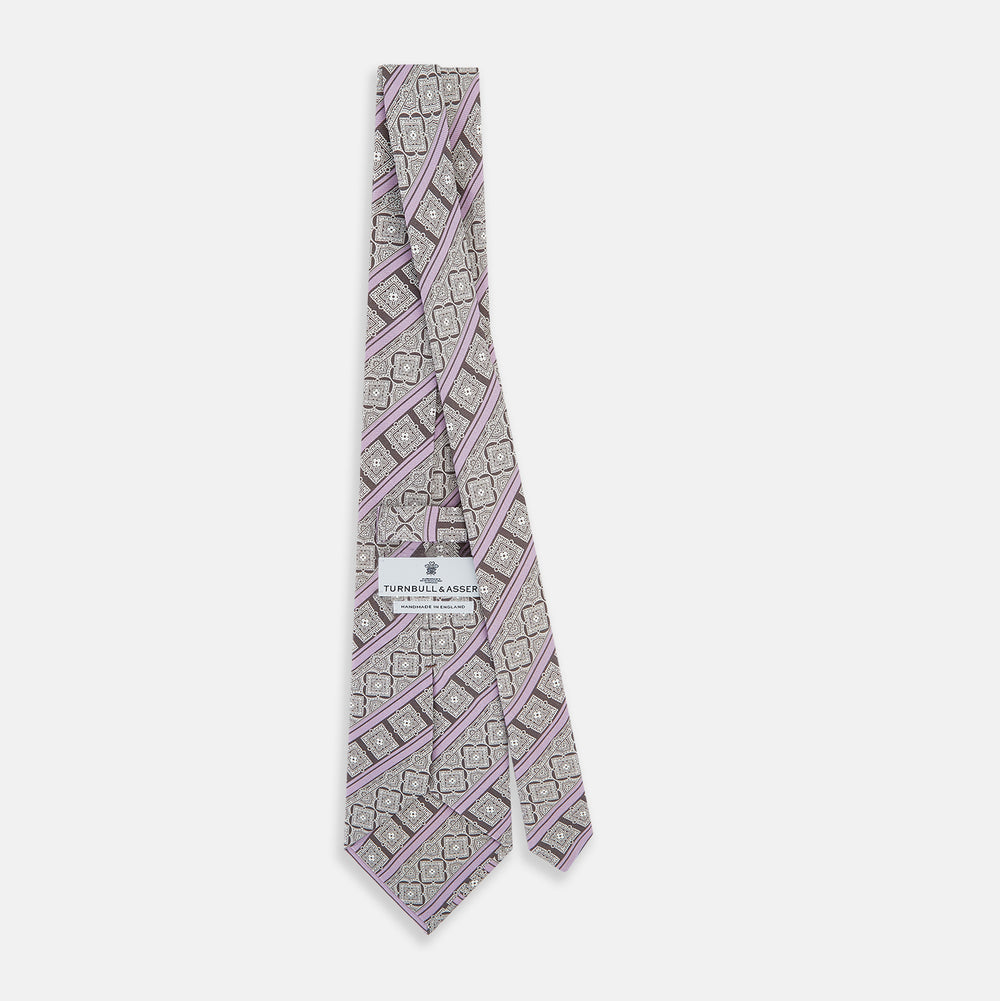 Ash and Lilac Medallion Bar Printed Silk Tie OS