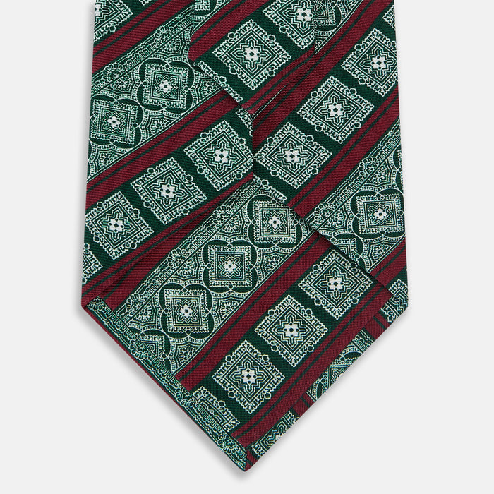 Forest Green and Red Medallion Bar Printed Silk Tie Image 2