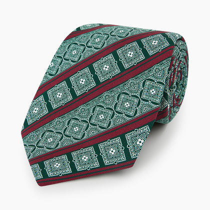 Forest Green and Red Medallion Bar Printed Silk Tie Image 4