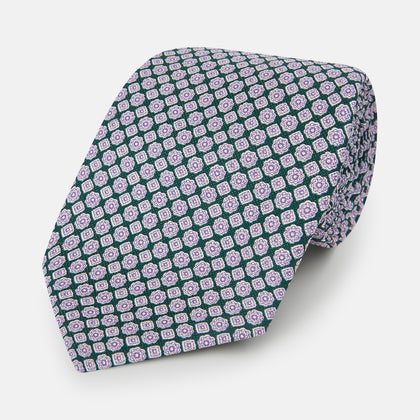 Purple and Forest Green Rosette Medallion Printed Slik Tie