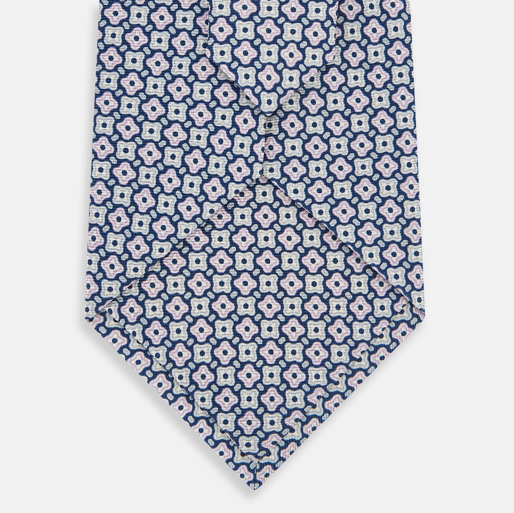 Pale Blue and Green Abstract Quatrefoil Foulard Printed Silk Tie OS