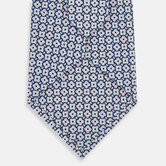 Pale Blue and Green Abstract Quatrefoil Foulard Printed Silk Tie Image 2
