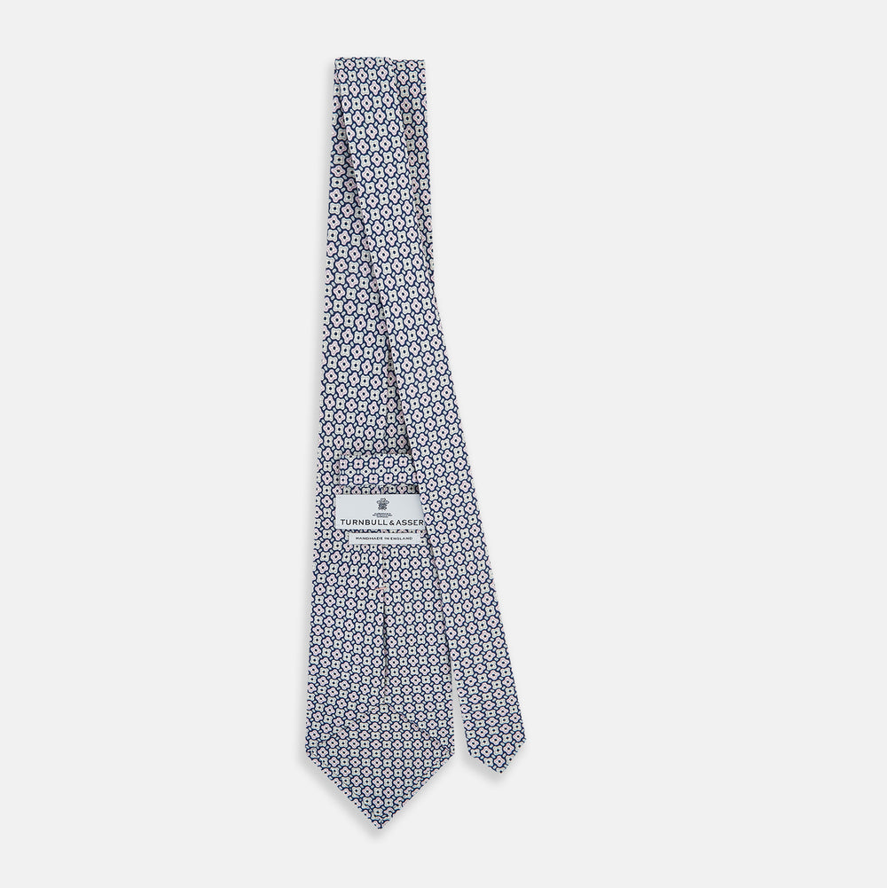 Pale Blue and Green Abstract Quatrefoil Foulard Printed Silk Tie OS