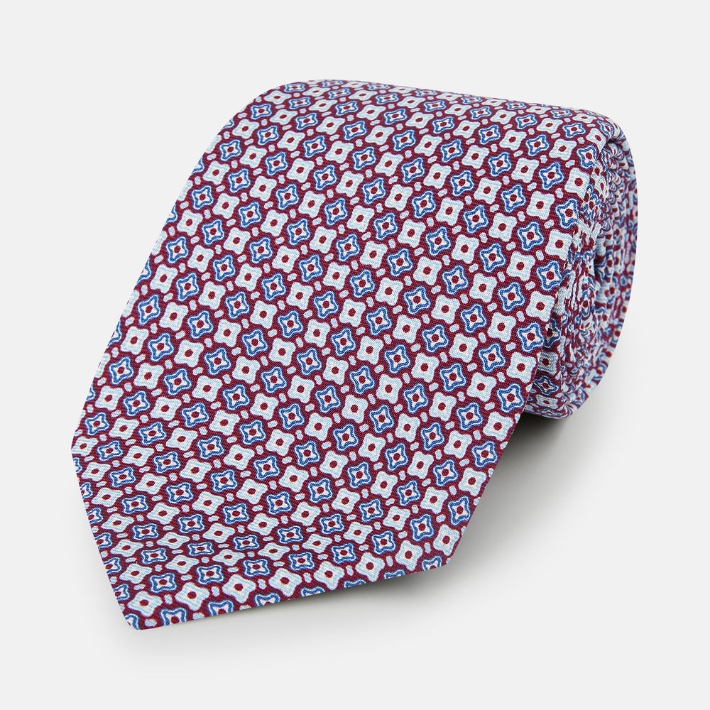 Burgundy and Avio Blue Abstract Quatrefoil Foulard Printed Silk Tie OS