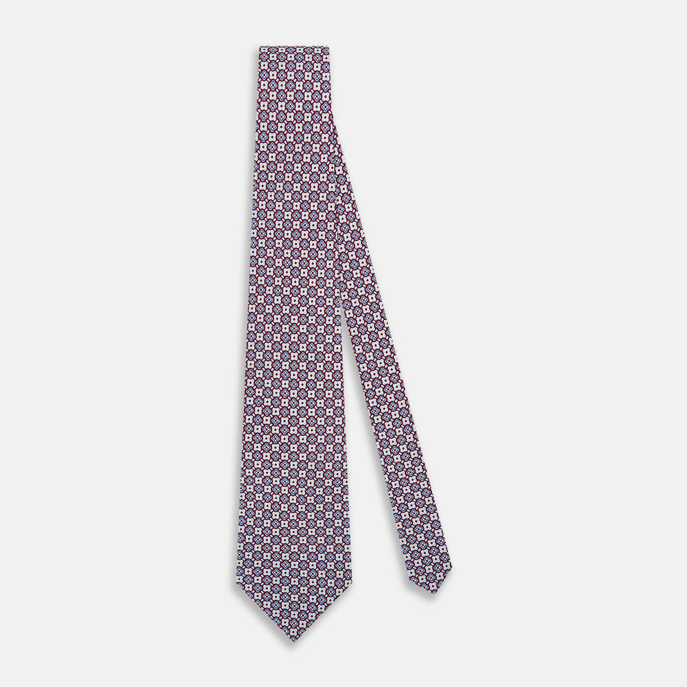 Burgundy and Avio Blue Abstract Quatrefoil Foulard Printed Silk Tie OS