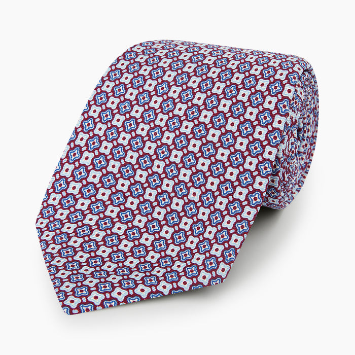 Burgundy and Avio Blue Abstract Quatrefoil Foulard Printed Silk Tie Image 4