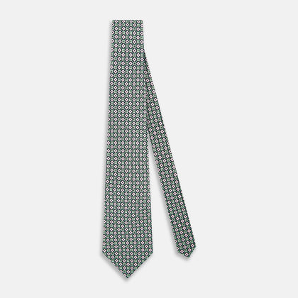 Kelly Green and Pink Abstract Quatrefoil Foulard Printed Silk Tie Image 1