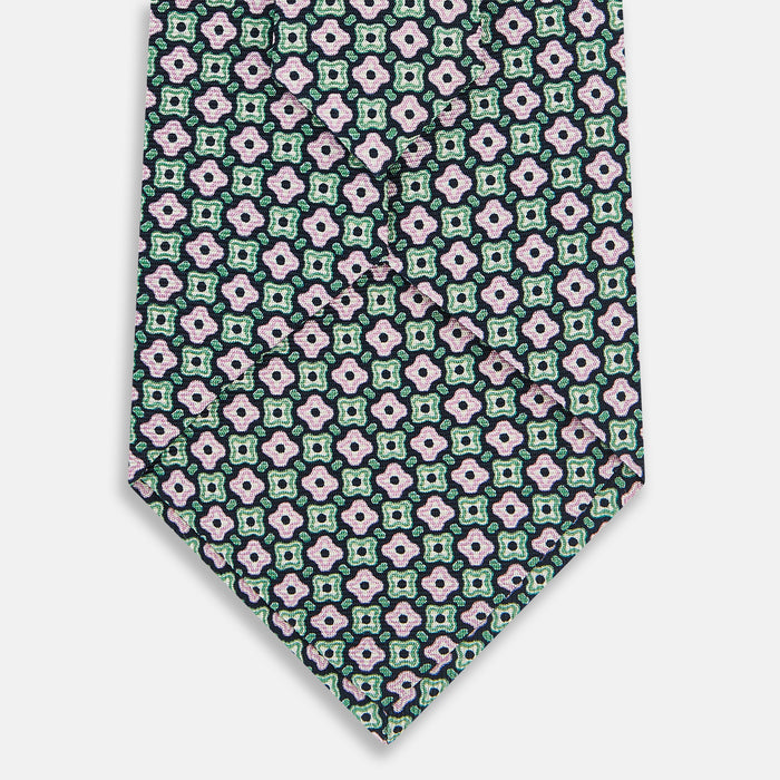 Kelly Green and Pink Abstract Quatrefoil Foulard Printed Silk Tie Image 2