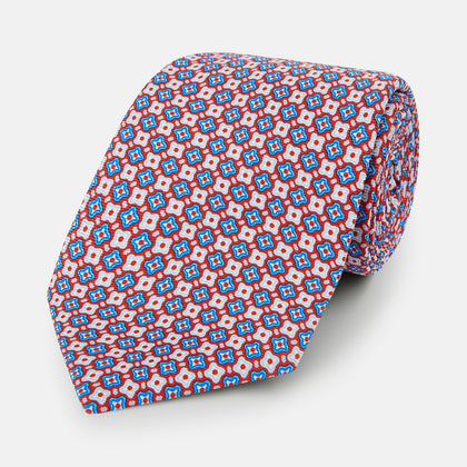 Red and Blue Abstract Quatrefoil Foulard Printed Silk Tie