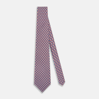 Red and Blue Abstract Quatrefoil Foulard Printed Silk Tie Image 1