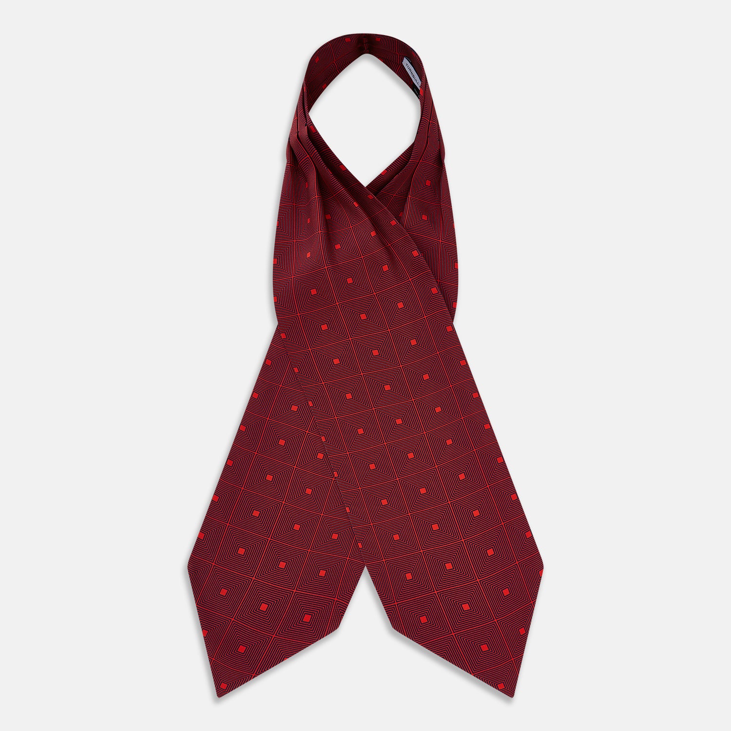 View 2 of product The Tulip Red Concentric Diamond Printed Silk Cravat from Turnbull & Asser UK features a bold red and black geometric pattern, creating an optical illusion effect and smart British style.