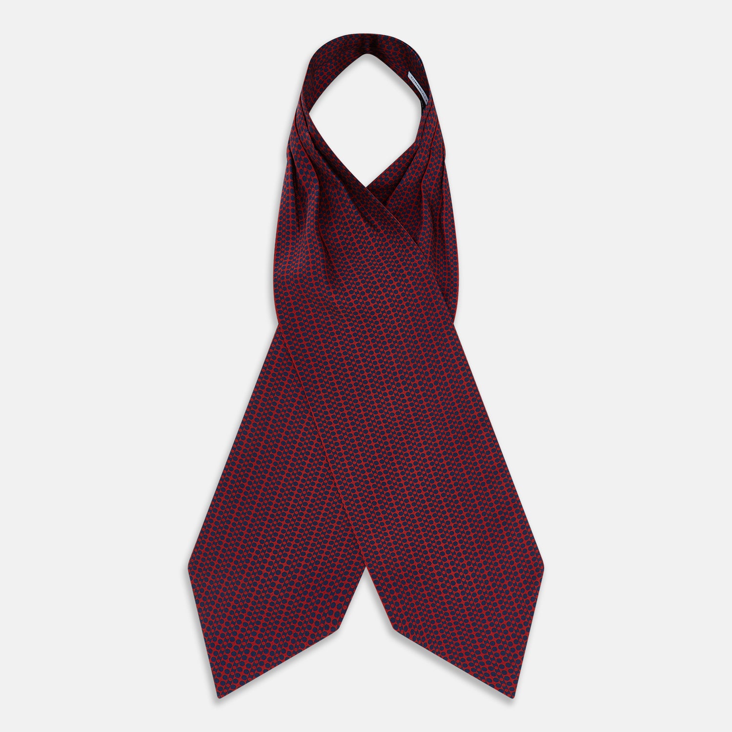View 2 of product The Red Micro-Dot Bar Printed Silk Cravat from Turnbull & Asser UK features a geometric red and navy micro-dot pattern—a refined accessory inspired by classic British style, perfect for elegant weddings.