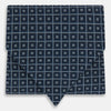 View 1 of product Geometric Navy Quatrefoil Motif Ascot Tie in Silk in navy blue with a repeating white and light blue geometric quatrefoil motif and fine grid lines.