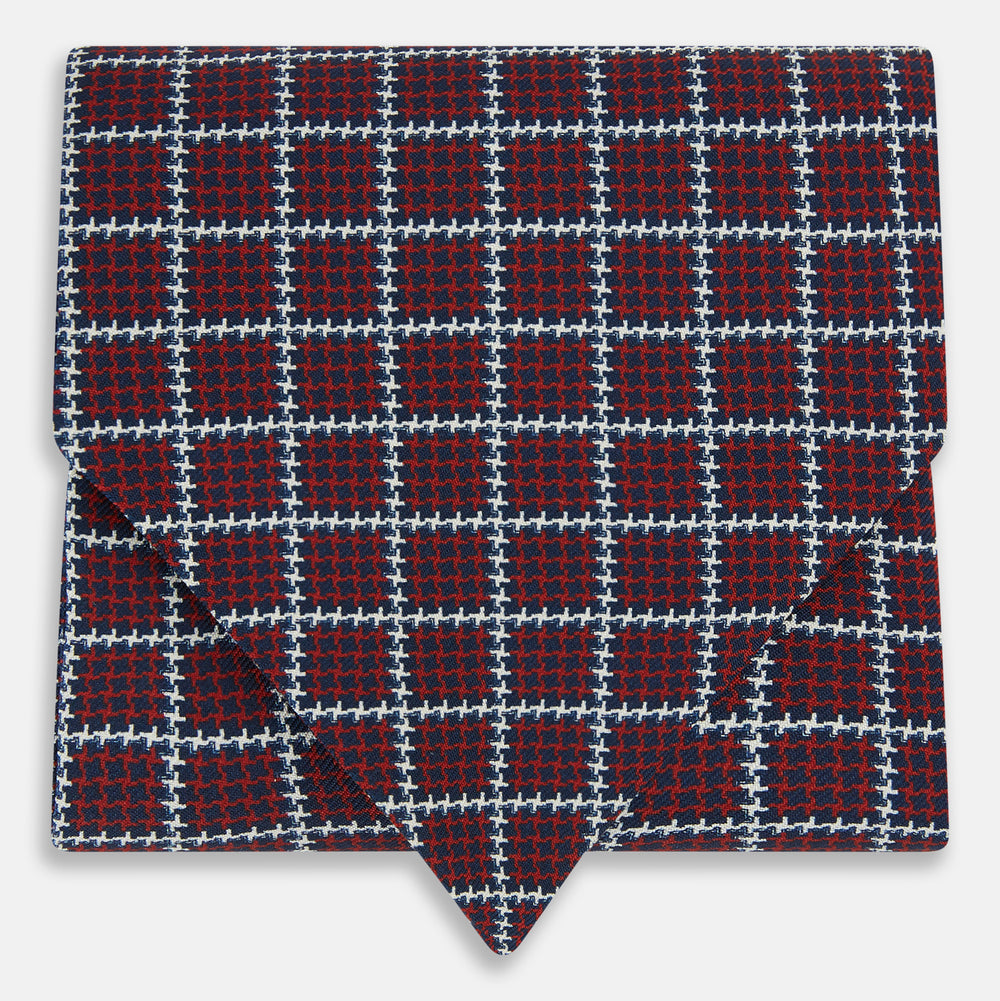 Turnbull & Asser UK Houndstooth Red Ascot Tie in silk, featuring a red printed houndstooth and windowpane check pattern of navy blue and white.