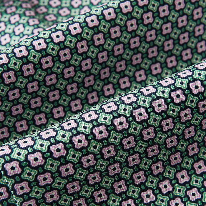 Kelly Green and Pink Abstract Quatrefoil Foulard Printed Silk Cravat Image 3