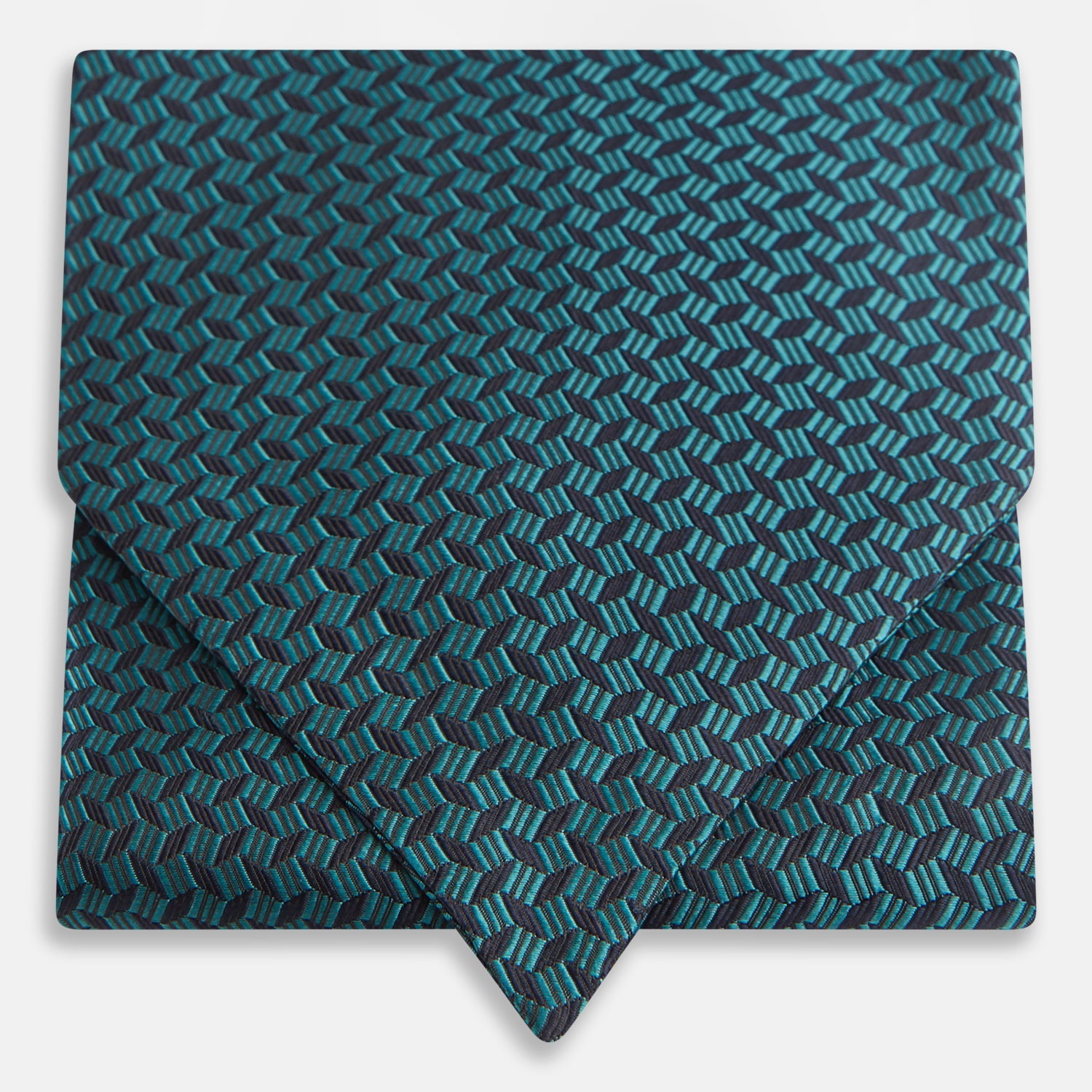 View 1 of product The Turquoise Geometric Silk Cravat by Turnbull & Asser features a striking teal and black pattern—perfect for those who appreciate bold, handmade neckwear with geometric flair.