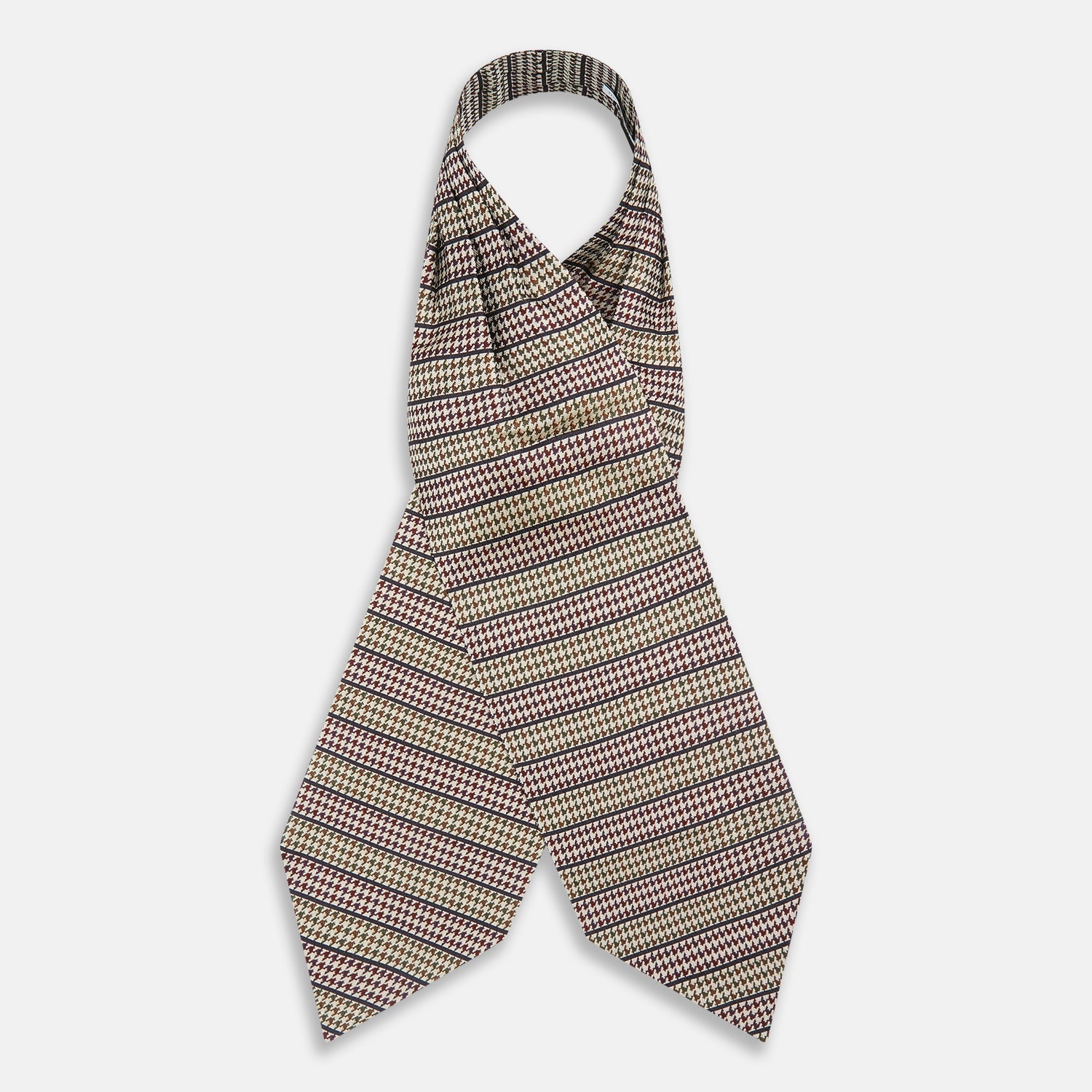 View 2 of product The Turnbull & Asser Brown Puppytooth Silk Cravat features a houndstooth pattern in brown, burgundy, and cream—evoking the refined elegance of a handmade accessory—displayed against a white background.