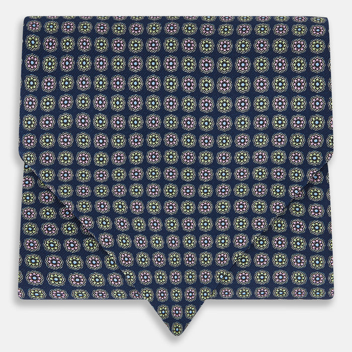Dark Navy Contrasting Rosette Medallion Printed Silk Cravat