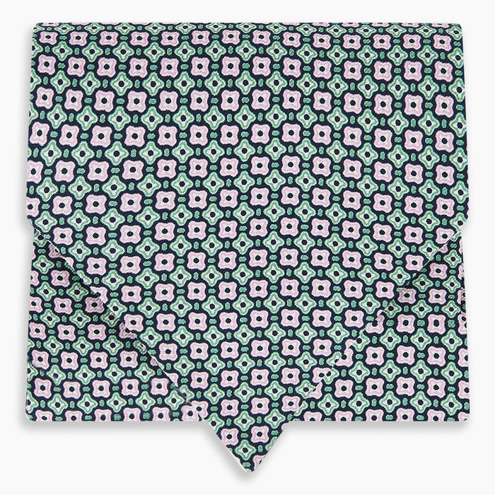 Kelly Green and Pink Abstract Quatrefoil Foulard Printed Silk Cravat Image 4