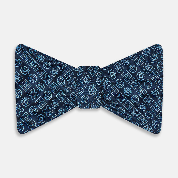 Dark Navy Floral Tile Pattern Printed Silk Bow Tie