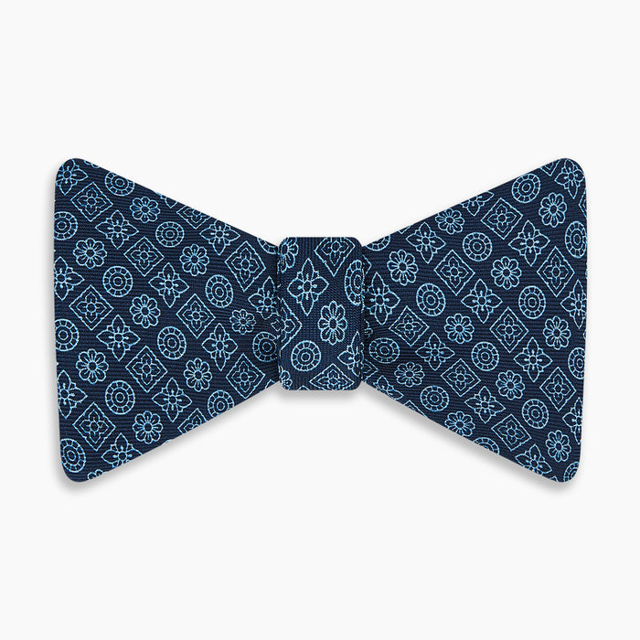 Dark Navy Floral Tile Pattern Printed Silk Bow Tie Image 3