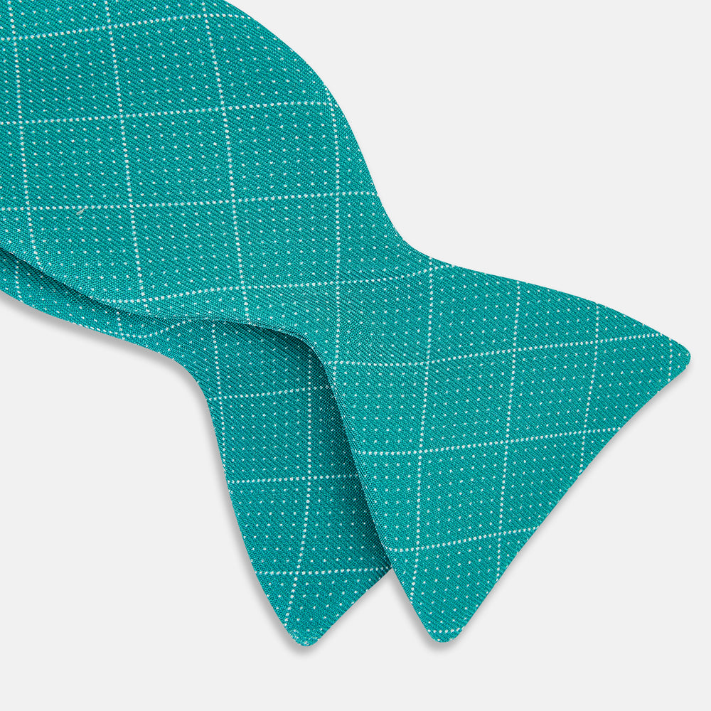 Turquoise Dotted Check Pattern Printed Silk Bow Tie OS
