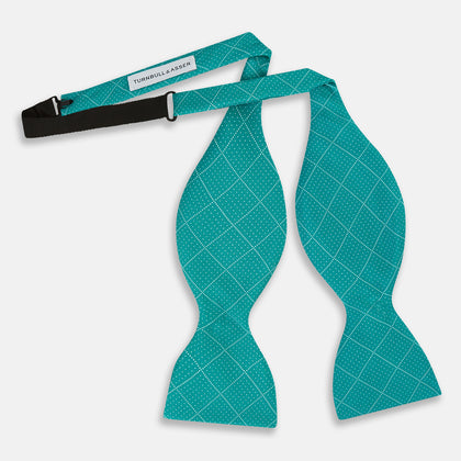 Turquoise Dotted Check Pattern Printed Silk Bow Tie