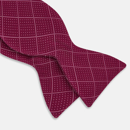 Burgundy Dotted Check Pattern Printed Silk Bow Tie
