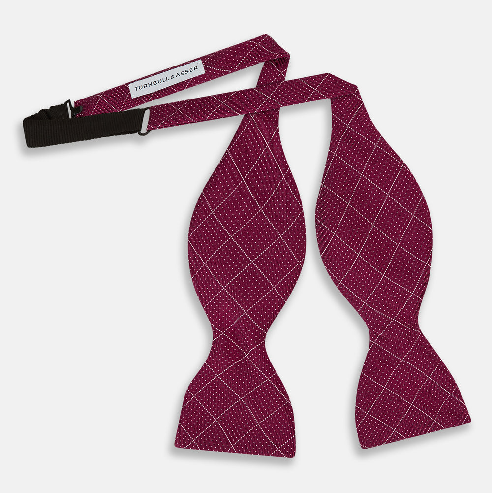 Burgundy Dotted Check Pattern Printed Silk Bow Tie OS