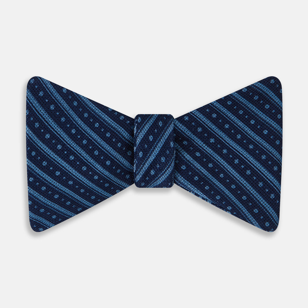 Blue Beaded Ticking Stripe Printed Silk Bow Tie OS