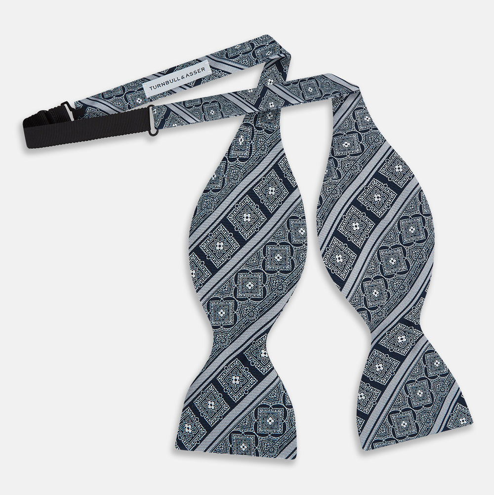 TIES BOWS TILE PRINT AND STRIPE PRINTED SILK NAVY OS