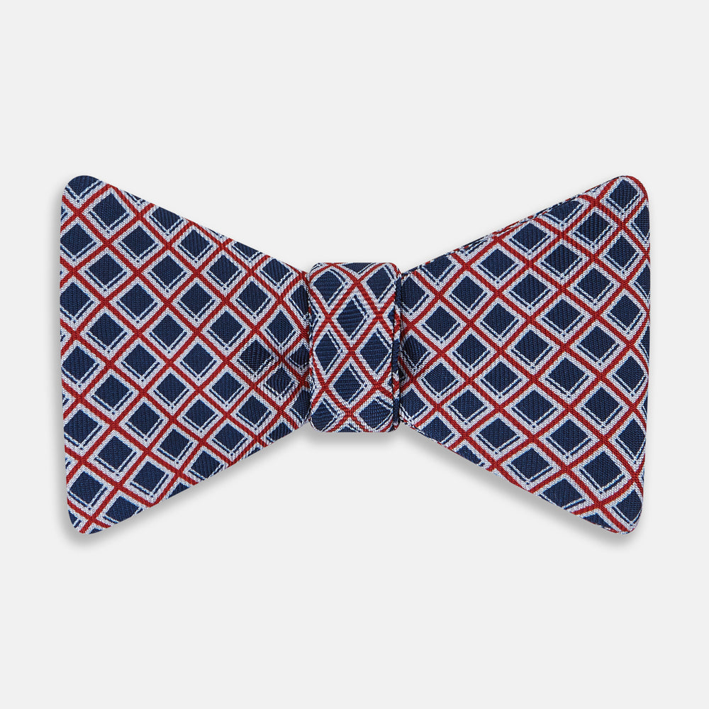 Dark Navy and Red Nested Square Printed Silk Bow Tie OS