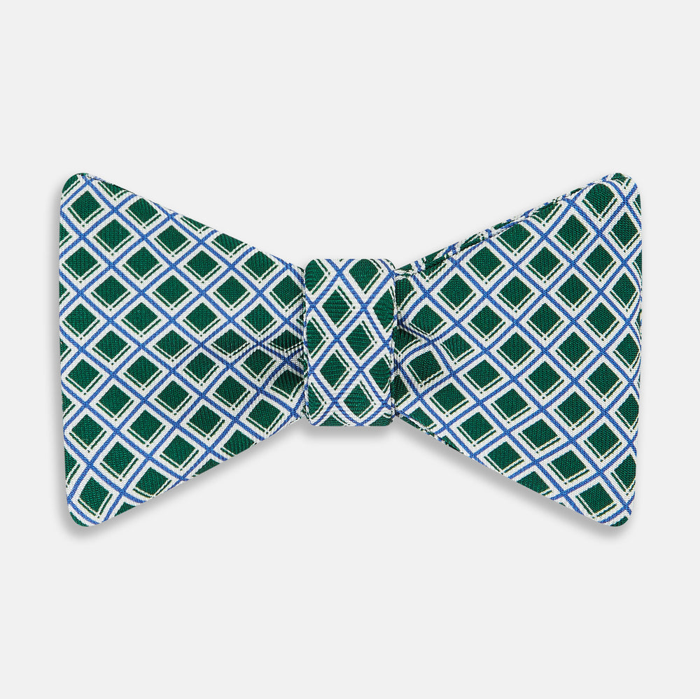 Forest Green and Blue Nested Square Printed Silk Bow Tie OS