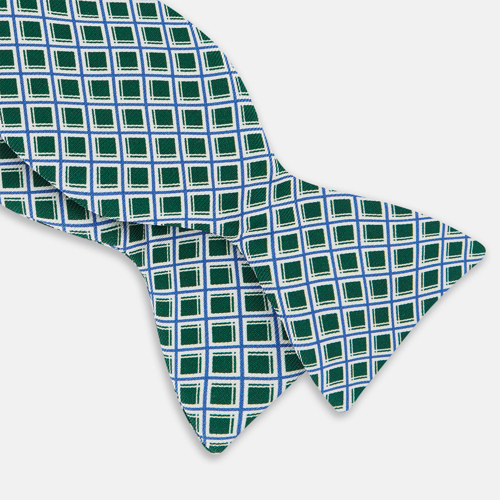 Forest Green and Blue Nested Square Printed Silk Bow Tie OS