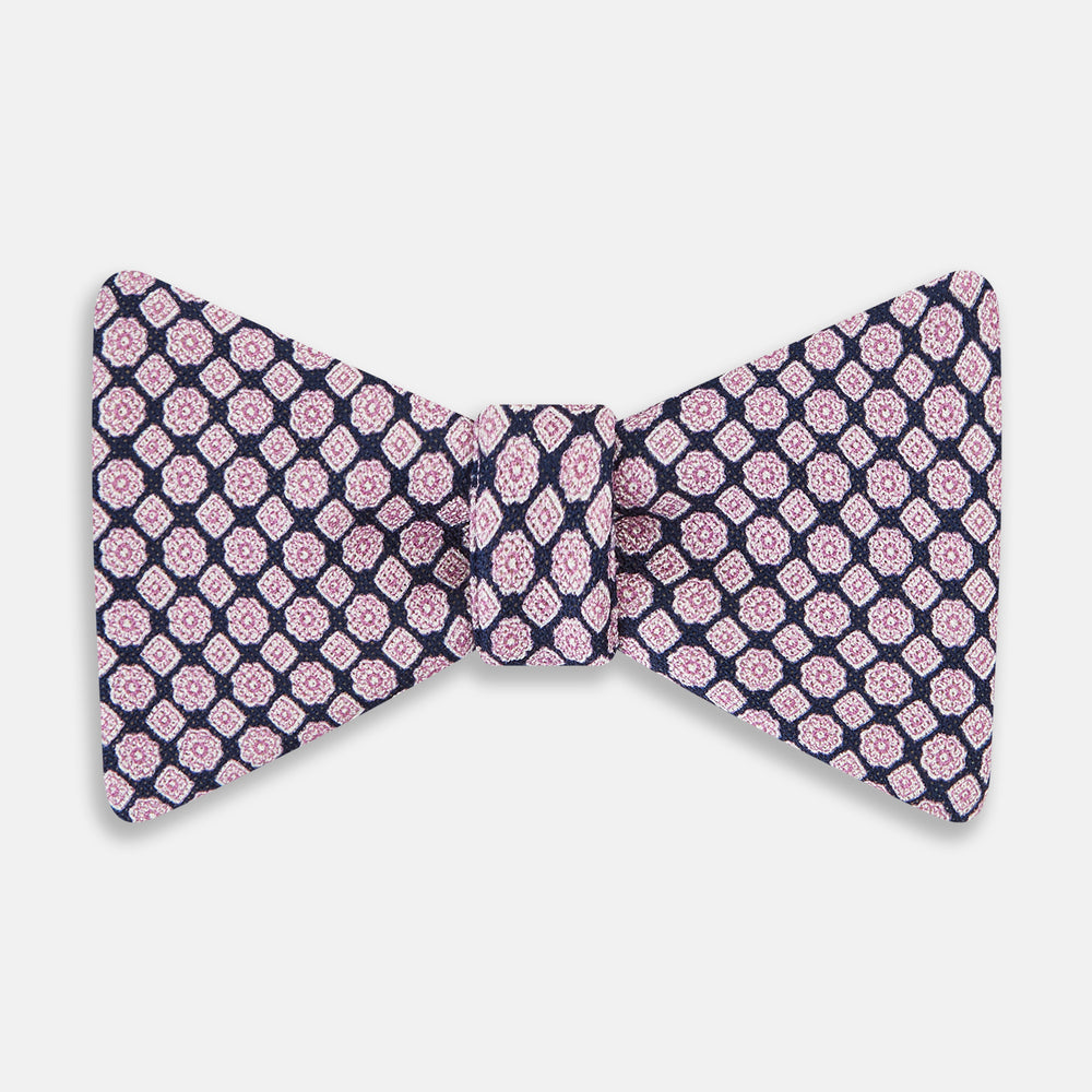 Pink and Navy Rosette Medallion Printed Silk Bow Tie OS