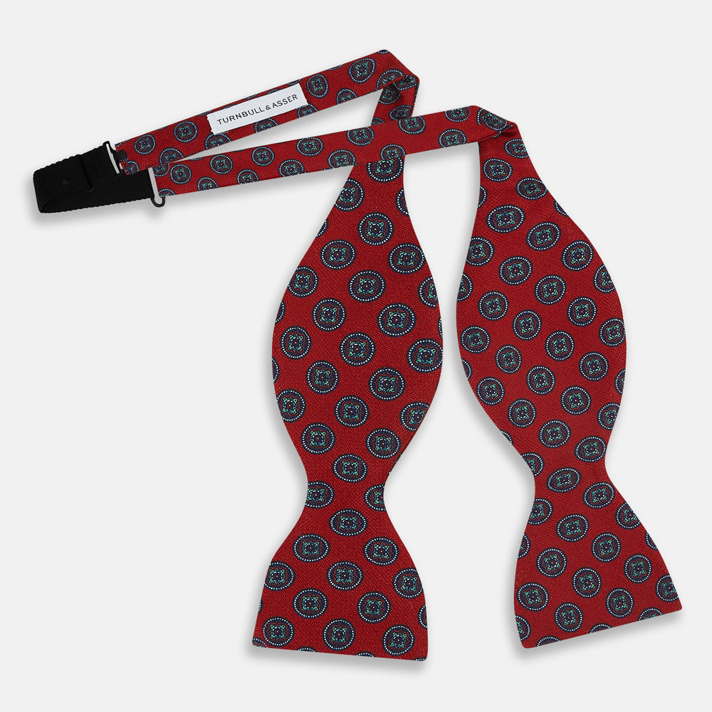 TIES BOWS FLORAL MEDALLION PRINTED SILK RED OS