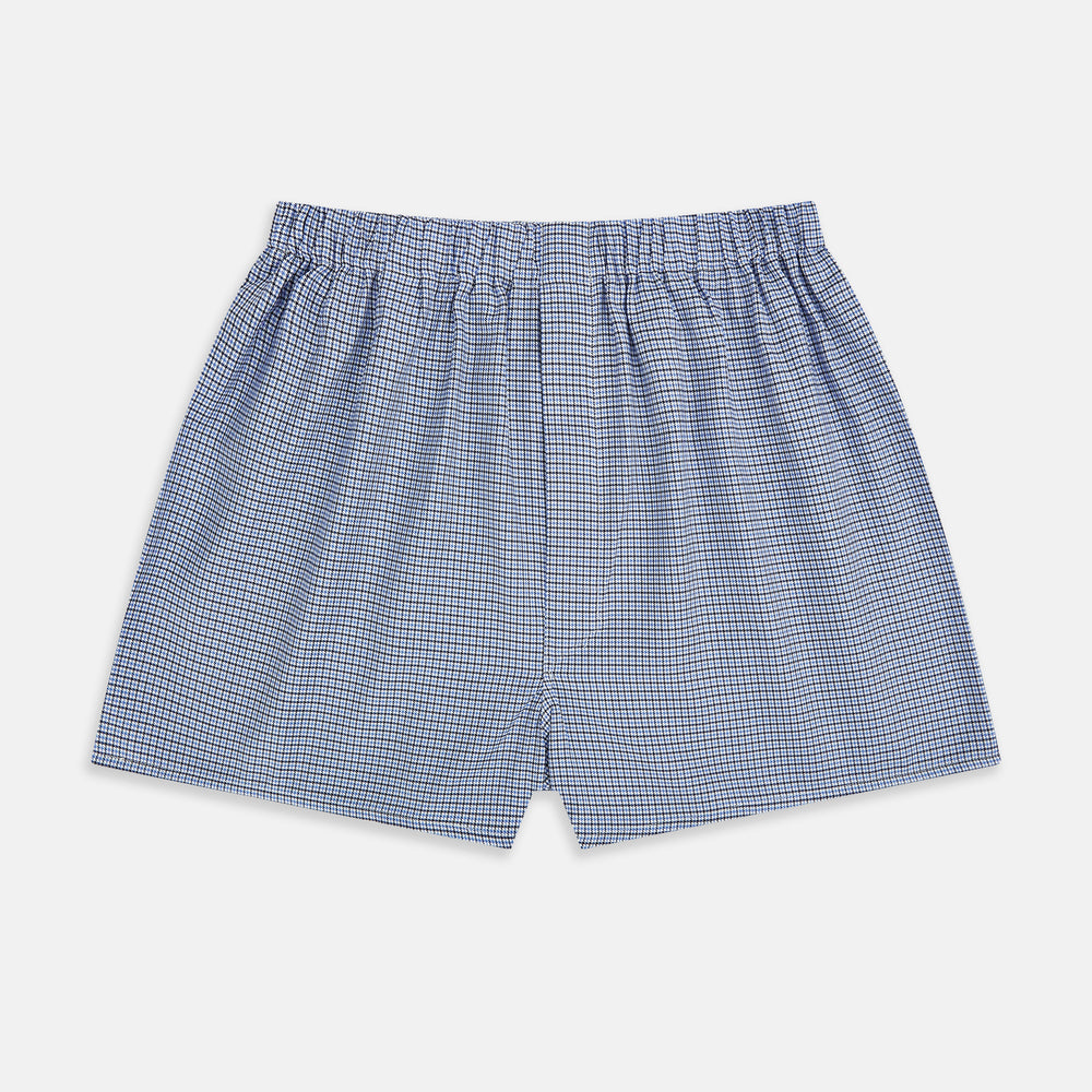 The Blue Houndstooth Godfrey Boxer Shorts by Turnbull & Asser feature Italian cotton and an elastic waistband—ideal for anyone seeking luxurious men's underwear.