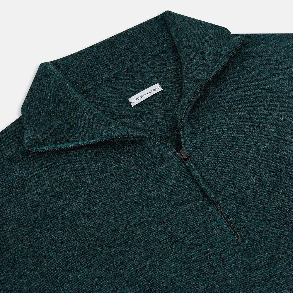 The Forest Green Melange Half-Zip Cashmere Jumper by Turnbull & Asser features a high collar and long sleeves, showcased against a plain white background.