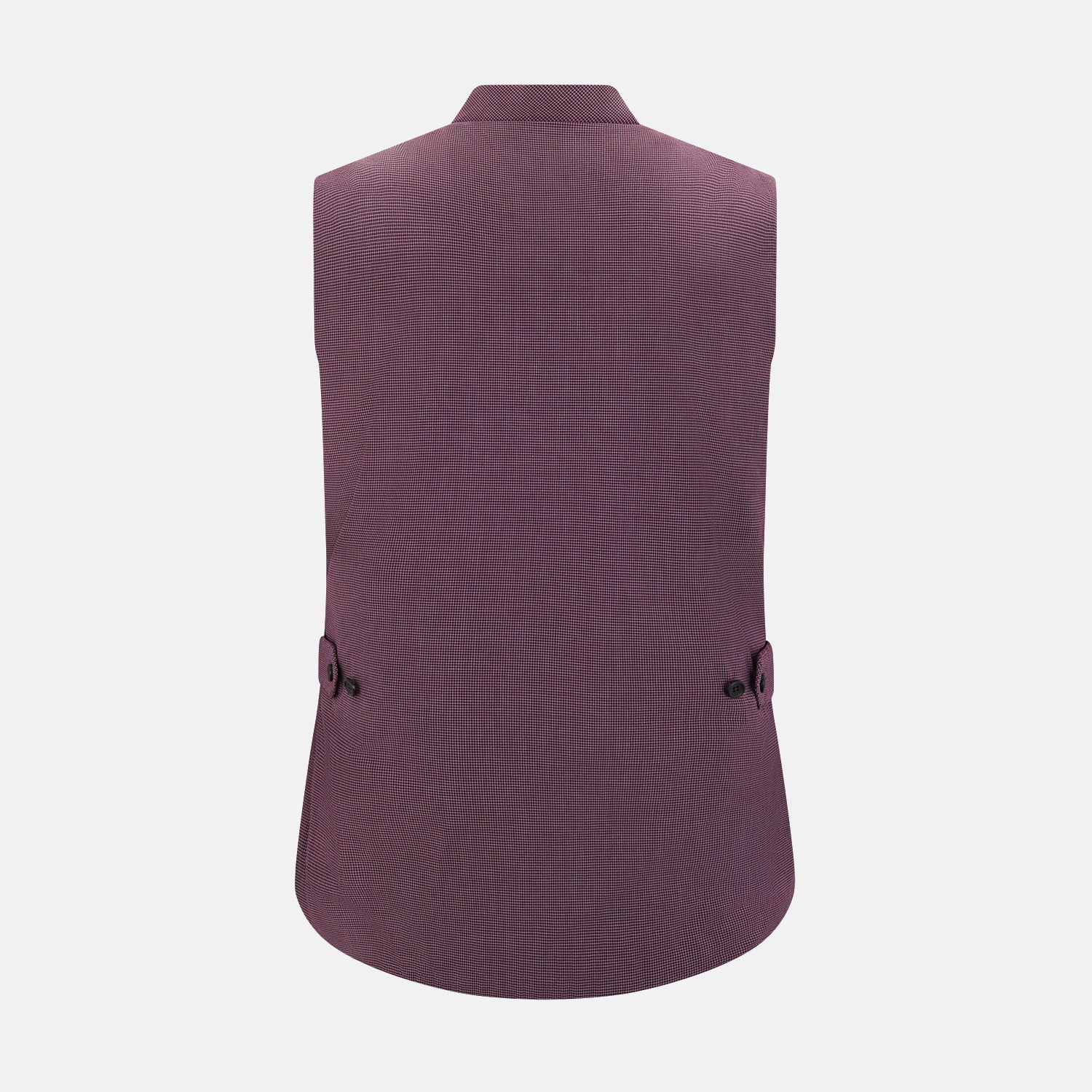View 3 of product The Turnbull & Asser Burgundy Pin Check Padded Gilet features a front zipper, two zippered side pockets, a chest pocket, and a rounded hem—an ideal men’s layering piece shown on a white background.