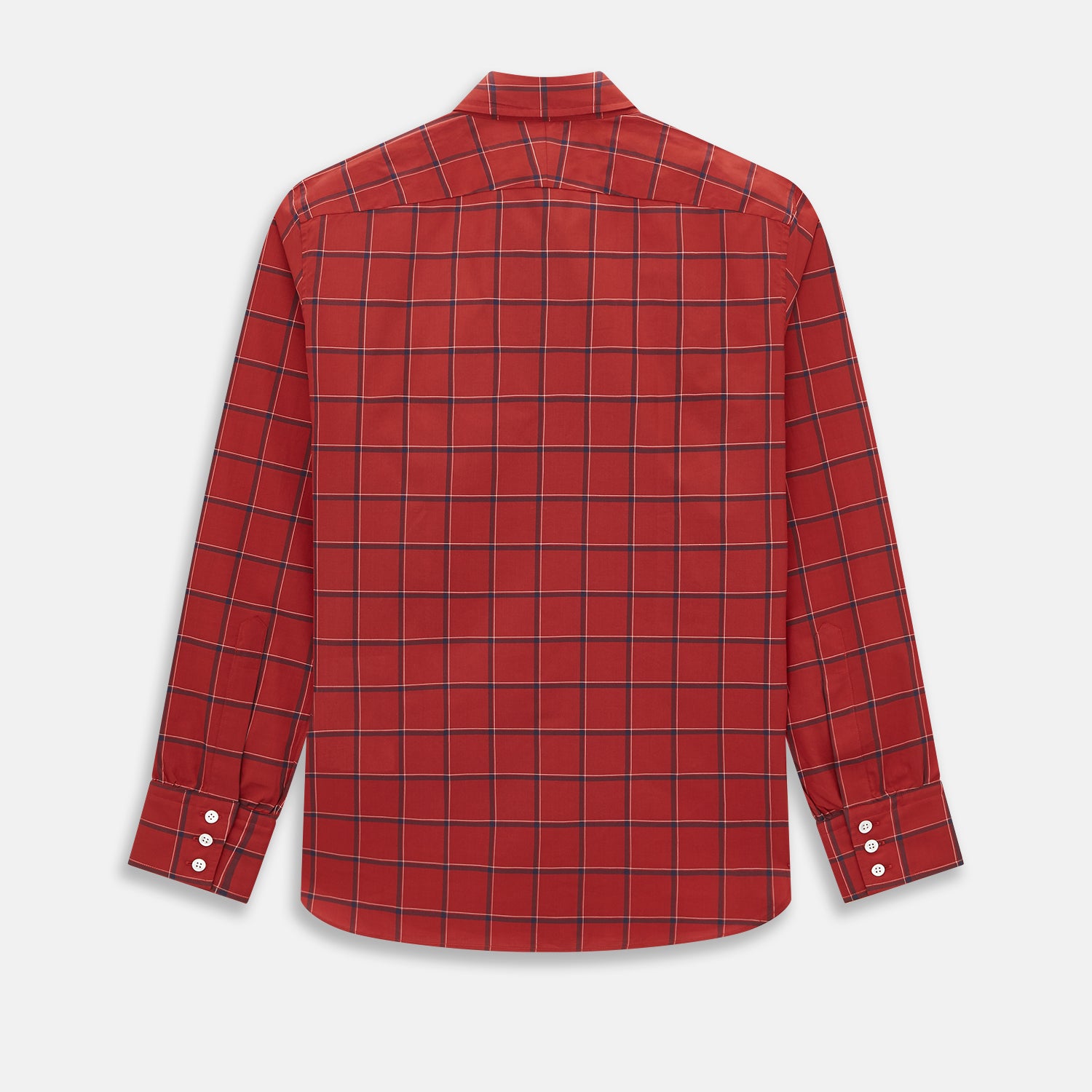 Image 3 of product The Turnbull & Asser Dark Red Grid Check Windsor Shirt is a long-sleeved, button-up shirt with a dark red base and black and white grid pattern, displayed flat on a white background.