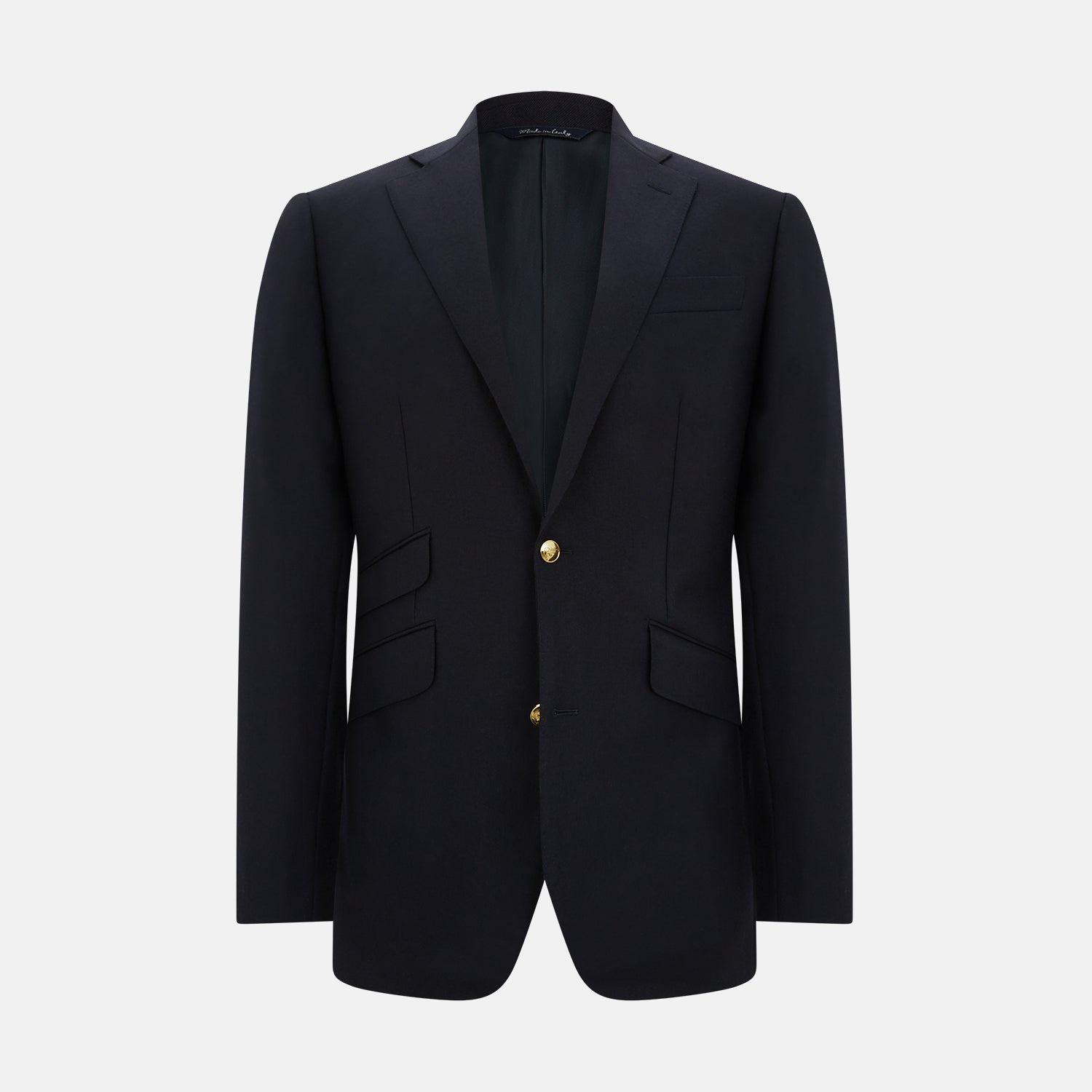 View 1 of product The Short Navy Single Breasted Classic Blazer by Turnbull & Asser features two gold buttons, notched lapels, and three front pockets, shown here on a plain white background.