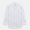 View 1 of product The Turnbull & Asser Pale Blue Multi Stripe Shirt features thin vertical stripes, a contrast collar, and double cuffs, displayed on a plain light background.
