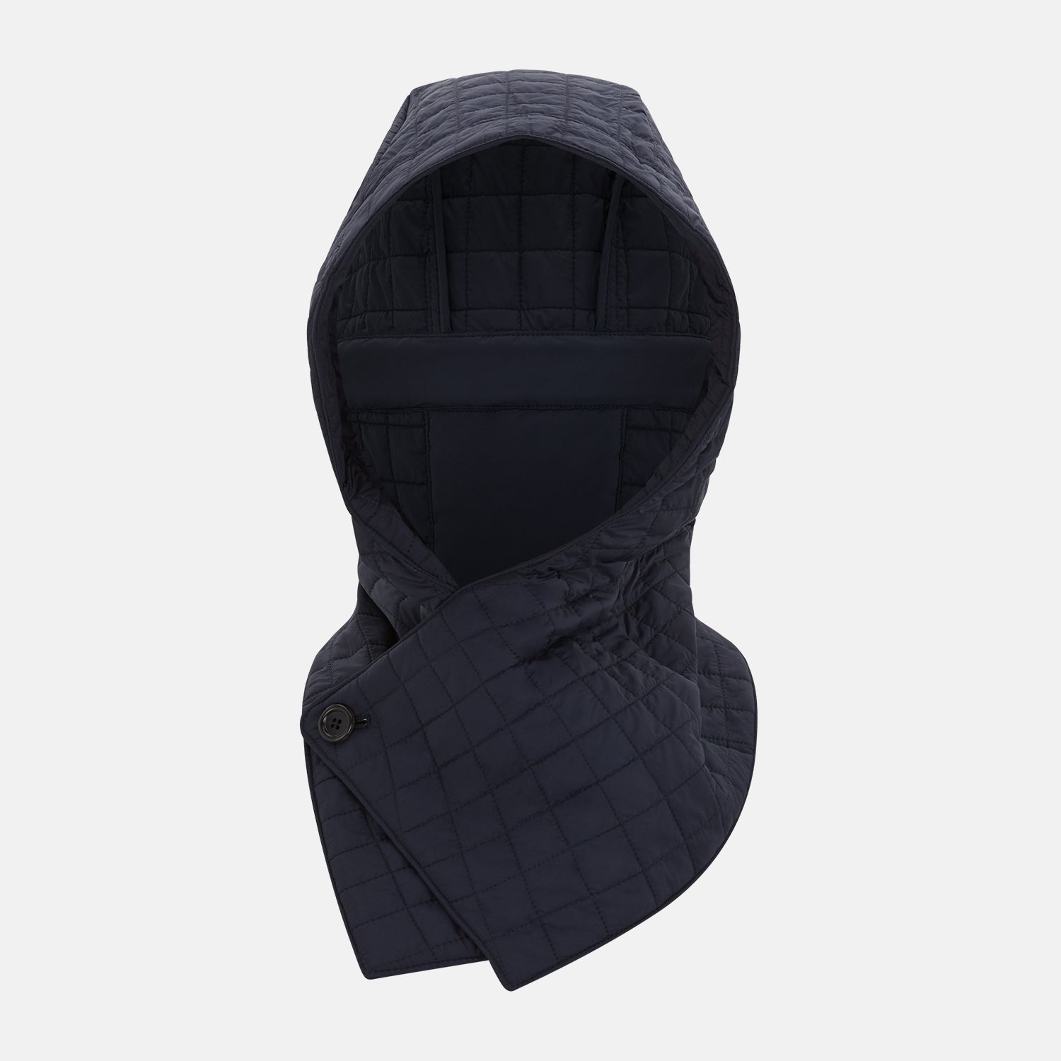 Image 1 of product The Turnbull & Asser Navy Quilted Hood with Neck Warmer features diamond pattern stitching, a structured hood, overlapping collar, and button closure, shown on a plain white background.