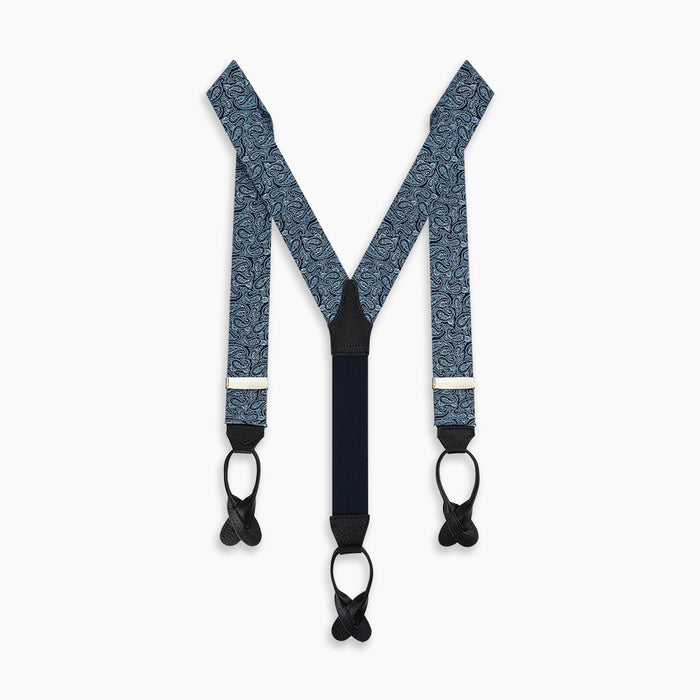 Dark Navy Paisley Adjustable Silk and Navy Leather Braces Image 2