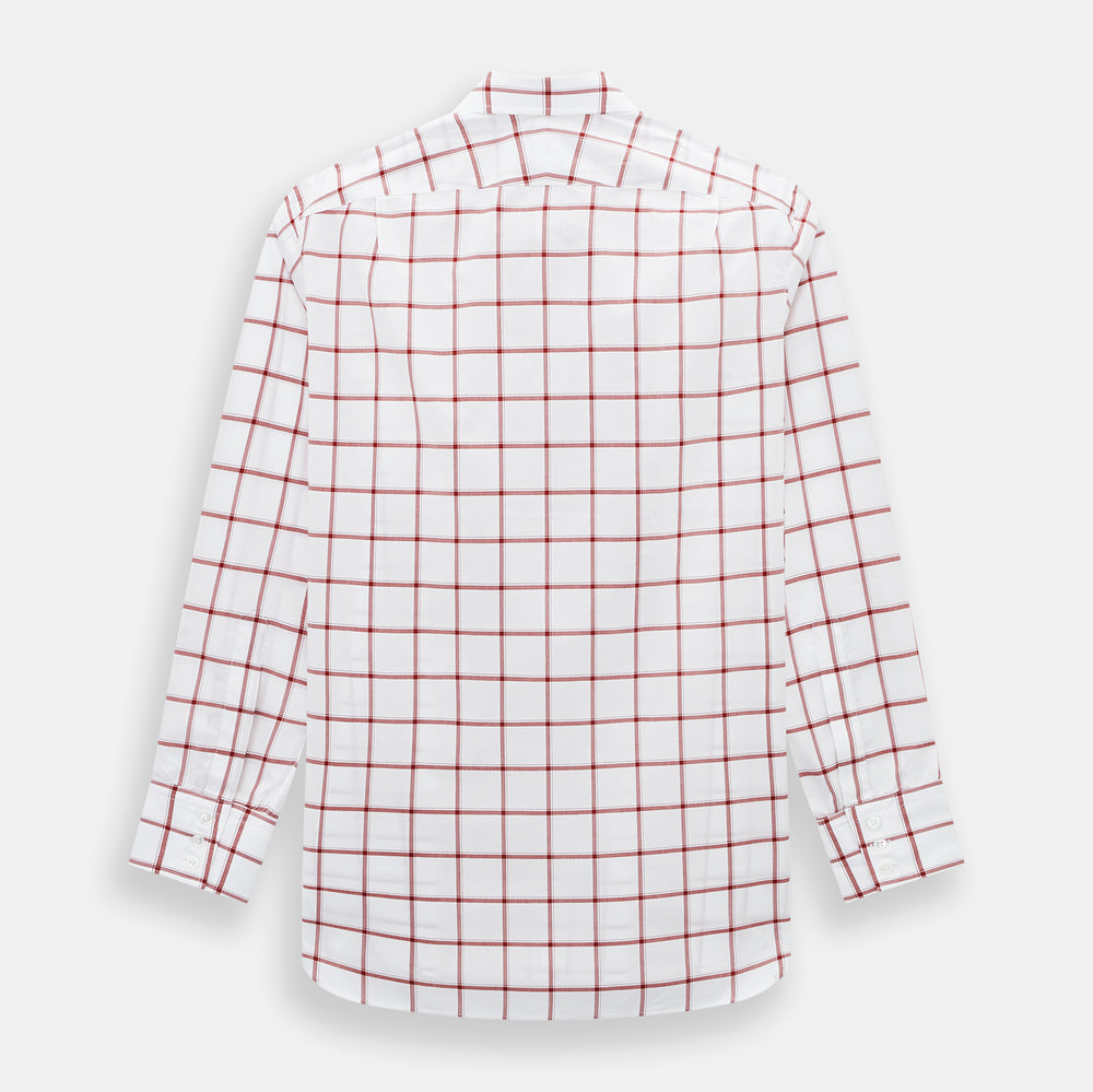 The Turnbull & Asser Dark Red Grid Check Mayfair Shirt is a long-sleeve white shirt made from Italian cotton, featuring a bold dark red grid pattern, button-down front, and classic collar, shown laid flat on a white background.