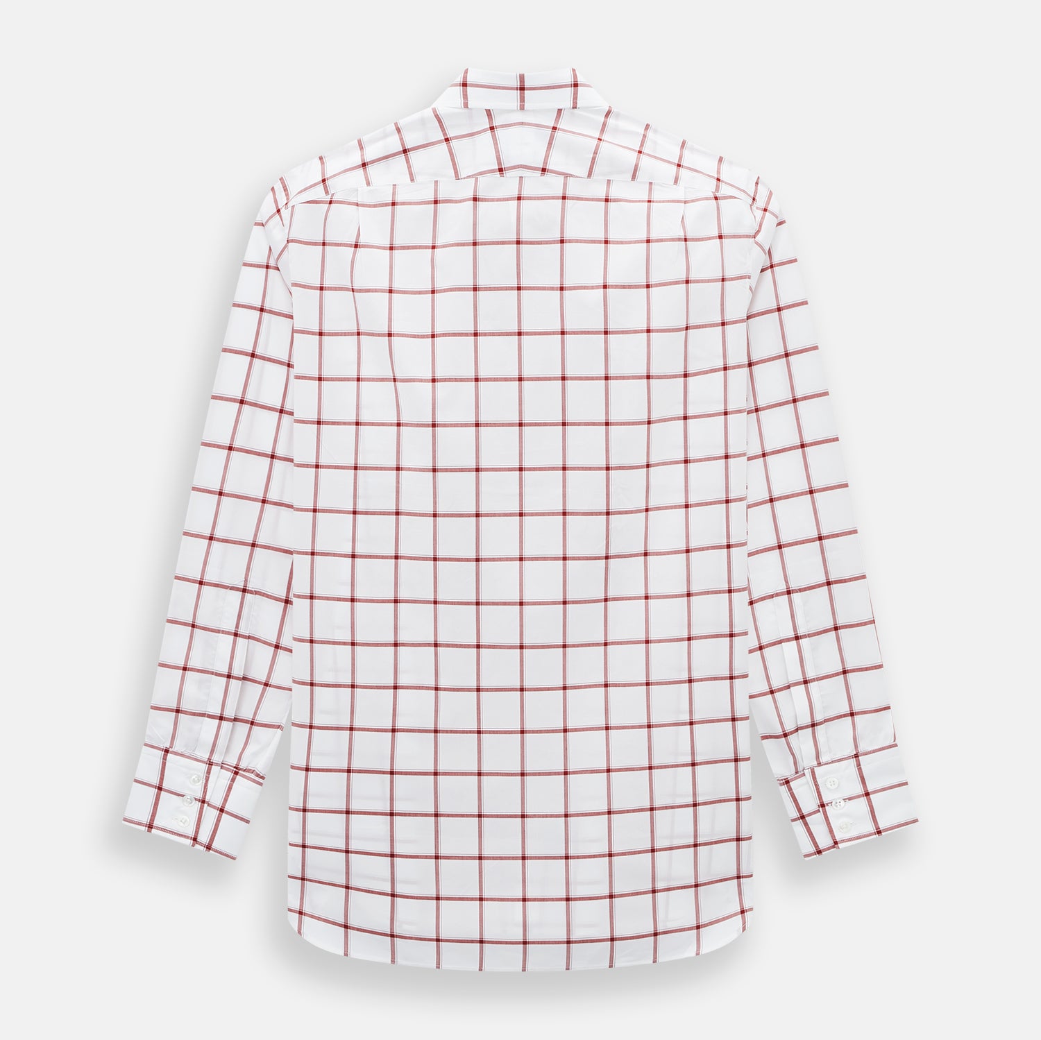 View 3 of product The Turnbull & Asser Dark Red Grid Check Mayfair Shirt is a long-sleeve white shirt made from Italian cotton, featuring a bold dark red grid pattern, button-down front, and classic collar, shown laid flat on a white background.