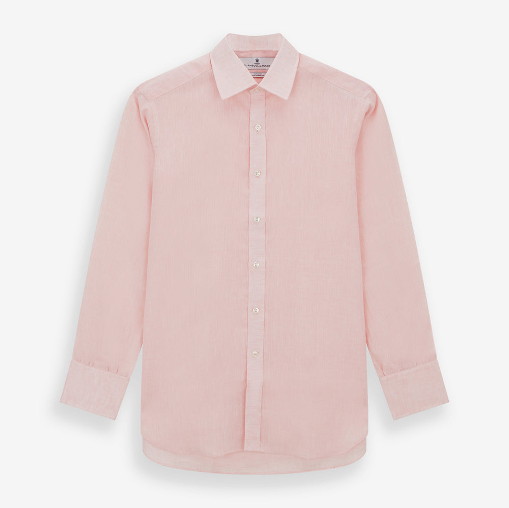 The Turnbull & Asser Pink Linen Shirt features a T&A collar, 3-button cuffs, and classic white buttons. This long-sleeved summer staple is shown on a plain white background.